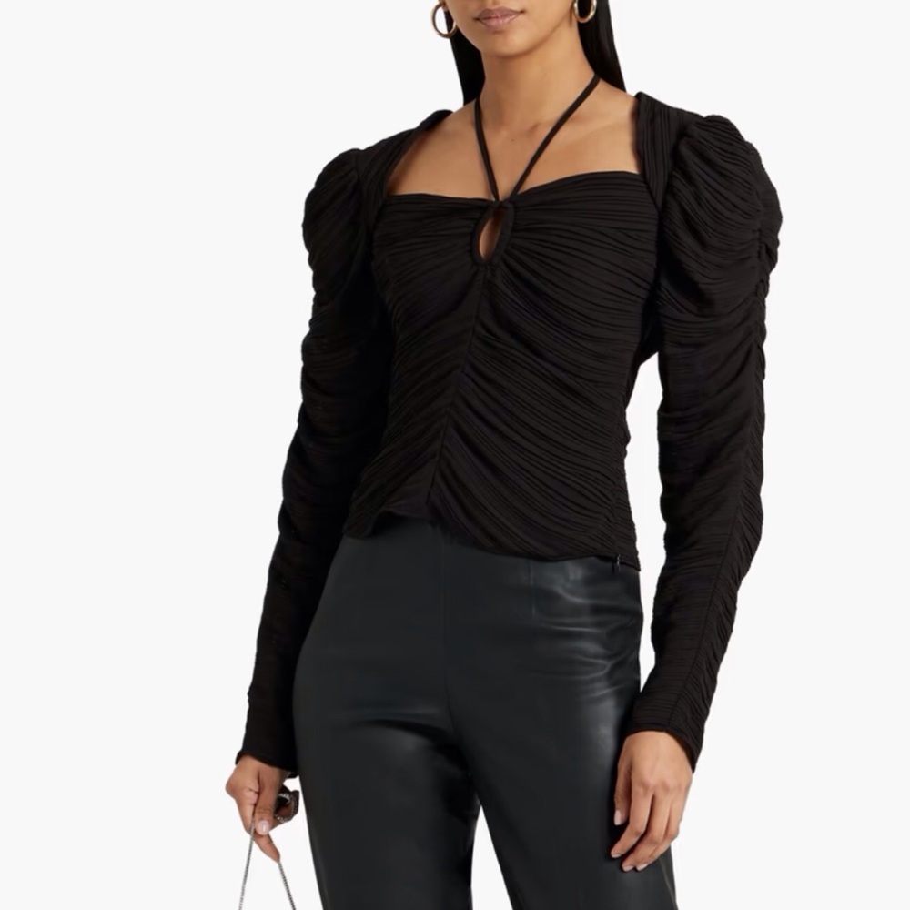 FRAME Gathered Keyhole Top Halter Tie Neck Black Long Sleeve Small